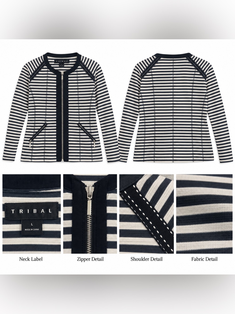 Tribal Women’s Navy & White Striped Zip Jacket